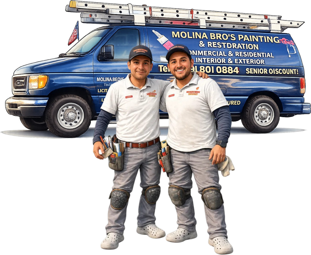 The Molina brothers standing in front of their branded Molina Bro's Painting work van