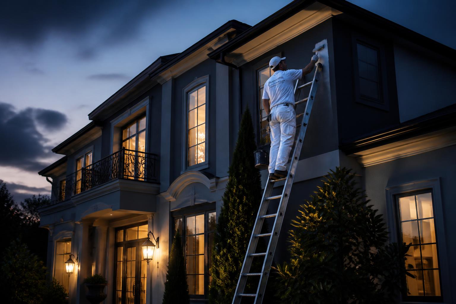 Painter working on a premium residential project at dusk